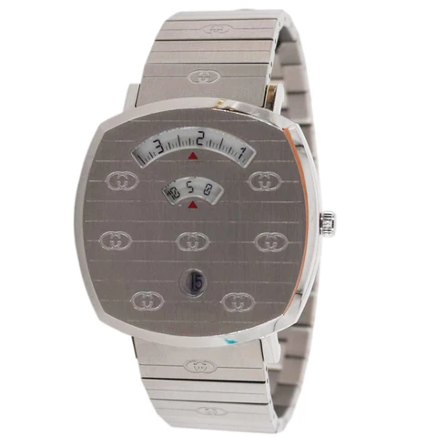GUCCI Grip 1573 GG Engraved Quartz Silver Dial Stainless Steel Watch 35MM