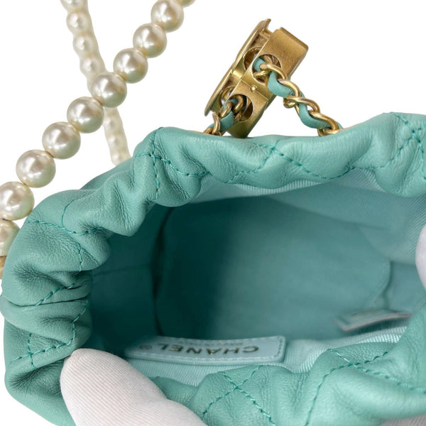 CHANEL About Pearls Quilted Calfskin Leather Drawstring Bucket Bag Teal