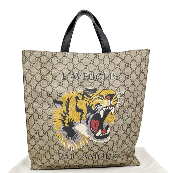 GUCCI L’Aveugle Par Amour Tiger Print GG Supreme Canvas Vertical Tote Bag Beige 450950