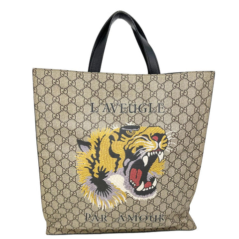 GUCCI L’Aveugle Par Amour Tiger Print GG Supreme Canvas Vertical Tote Bag Beige 450950