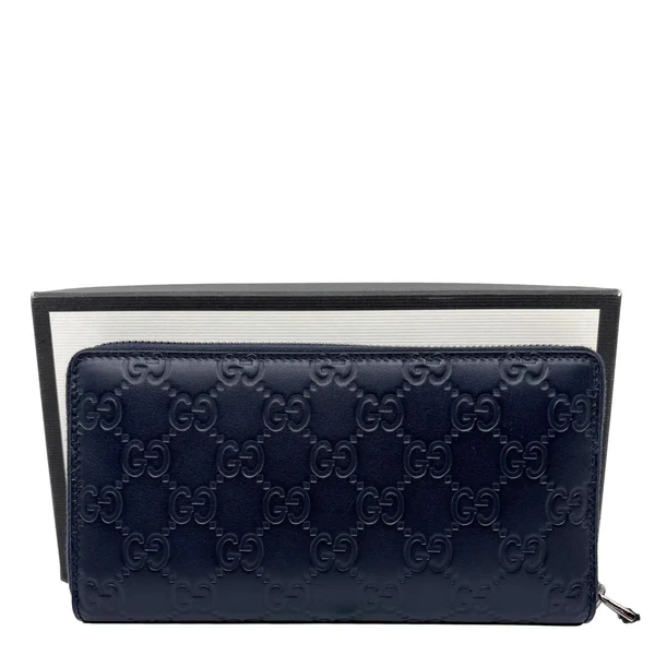 GUCCI GG Leather Zip Around Wallet Navy Blue 307987