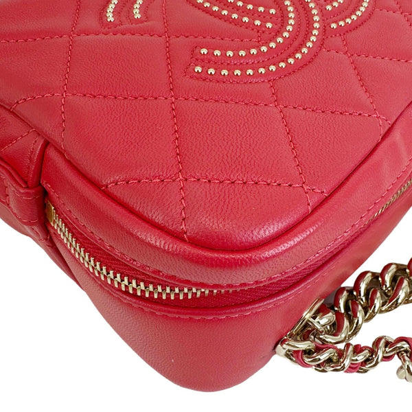 CHANEL Studded Beauty Begins Quilted Lambskin Leather Camera Case Red