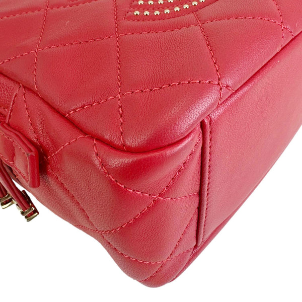 CHANEL Studded Beauty Begins Quilted Lambskin Leather Camera Case Red