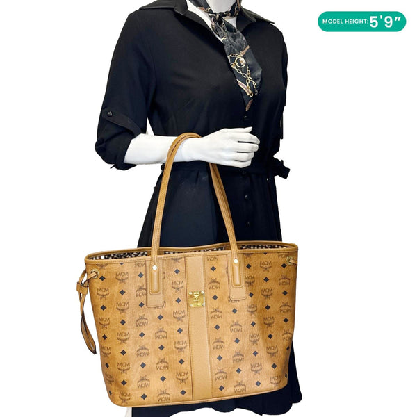 MCM Reversible Liz Medium Visetos Canvas Shopper Tote Bag Cognac