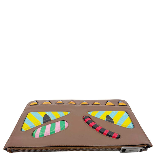 FENDI Vitello Century Monster Eyes Leather Pouch Brown
