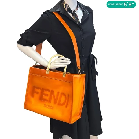 FENDI Sunshine Medium Leather Shopper Tote Bag Orange