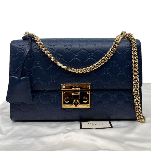 GUCCI Padlock Medium GG Leather Chain Shoulder Bag Navy Blue 409486