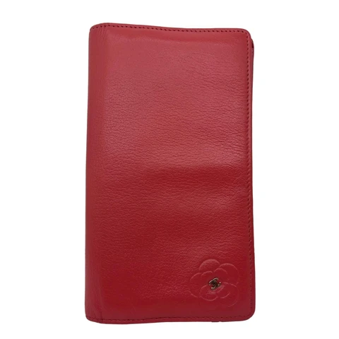 CHANEL Camellia Leather Long Bifold Wallet Pink