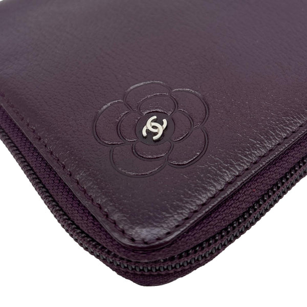 CHANEL Camellia Leather Zip Around Wallet Purple