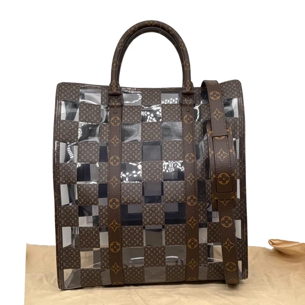LOUIS VUITTON Sac Plat Chess PVC Monogram Coated Canvas Tote Shoulder Bag Brown