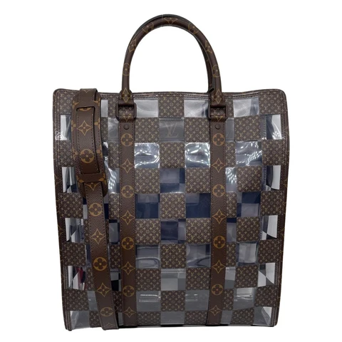 LOUIS VUITTON Sac Plat Chess PVC Monogram Coated Canvas Tote Shoulder Bag Brown