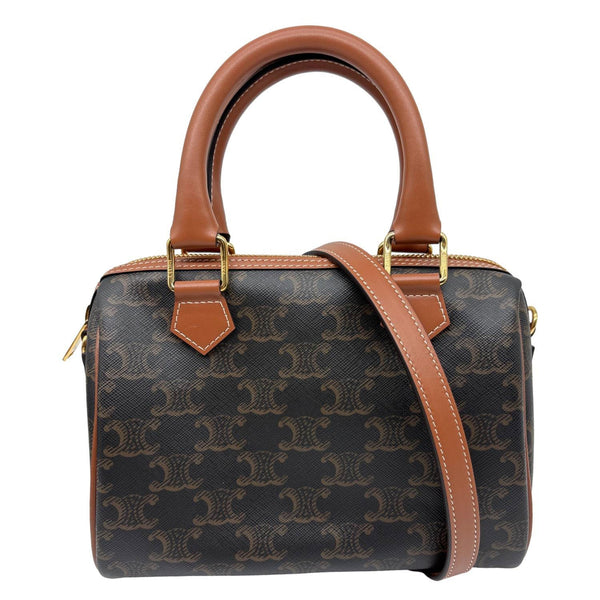 CELINE Small Triomphe Canvas Calfskin Boston Bag Tan