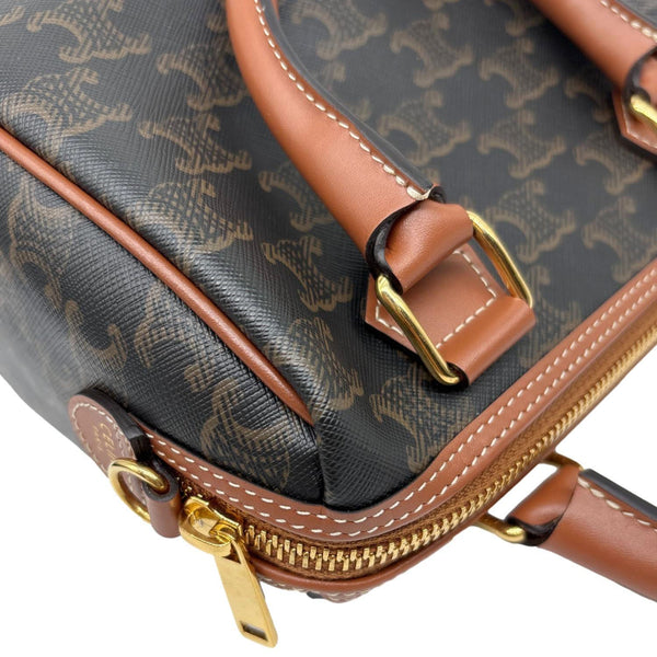 CELINE Small Triomphe Canvas Calfskin Boston Bag Tan