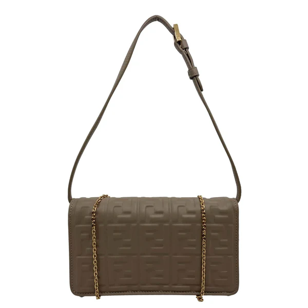 FENDI Baguette FF Embroidered Leather Wallet On Chain Beige