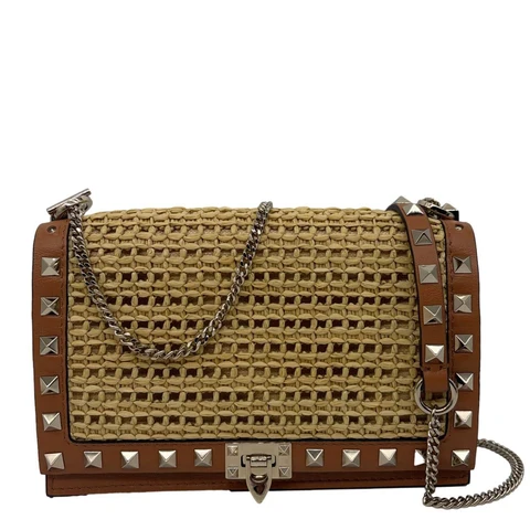 VALENTINO Garavani Rockstud Raffia Wallet On Chain Crossbody Bag Tan