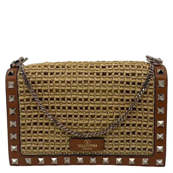 VALENTINO Garavani Rockstud Raffia Wallet On Chain Crossbody Bag Tan