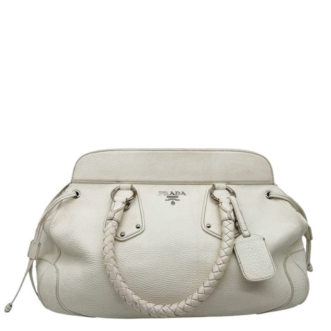 PRADA Vitello Daino Leather Top Handle Satchel Bag White