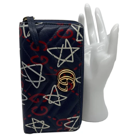 GUCCI Ghost Matelasse Leather Zippy Wallet Blue 448087
