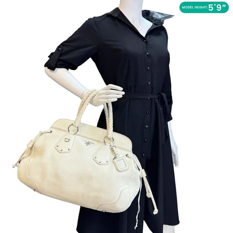 PRADA Vitello Daino Leather Top Handle Satchel Bag White