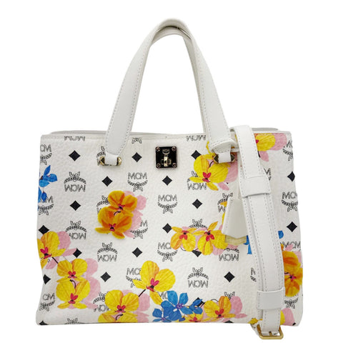 MCM Floral Visetos Canvas Leather Tote White