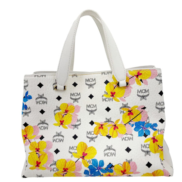 MCM Floral Visetos Canvas Leather Tote White