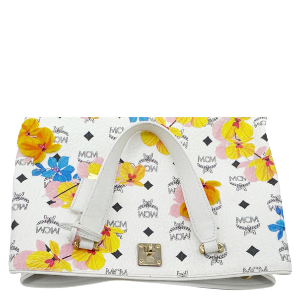 MCM Floral Visetos Canvas Leather Tote White