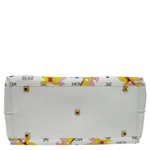 MCM Floral Visetos Canvas Leather Tote White