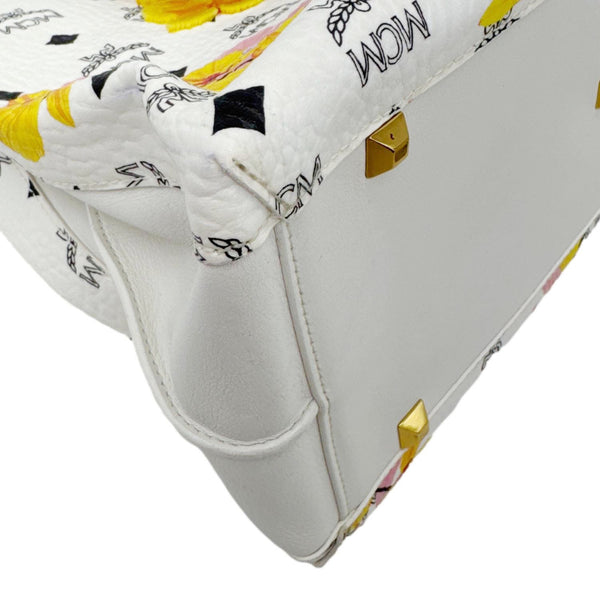 MCM Floral Visetos Canvas Leather Tote White