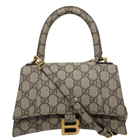 BALENCIAGA X GUCCI Hourglass Small GG Supreme Monogram Top Handle Shoulder Bag Beige 681697