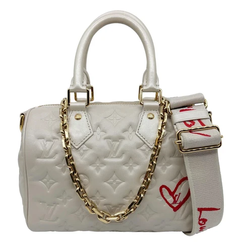 LOUIS VUITTON Speedy 22 Bandouliere Fall In Love Embossed Monogram Leather Shoulder Bag White