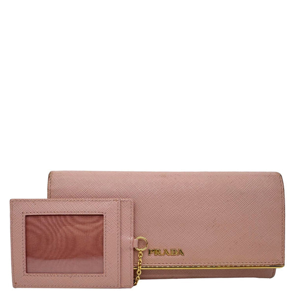 PRADA Metal Bar Continental Flap Saffiano Leather Wallet Pink