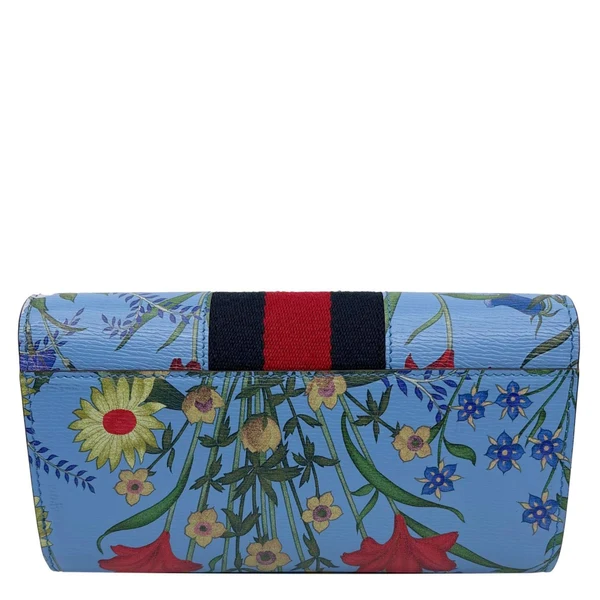 GUCCI Sylvie Continental Floral Print Leather Wallet Blue 476084