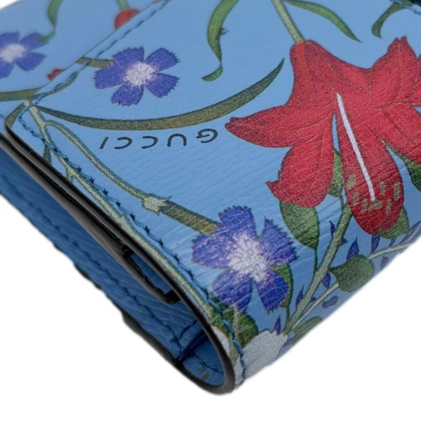 GUCCI Sylvie Continental Floral Print Leather Wallet Blue 476084
