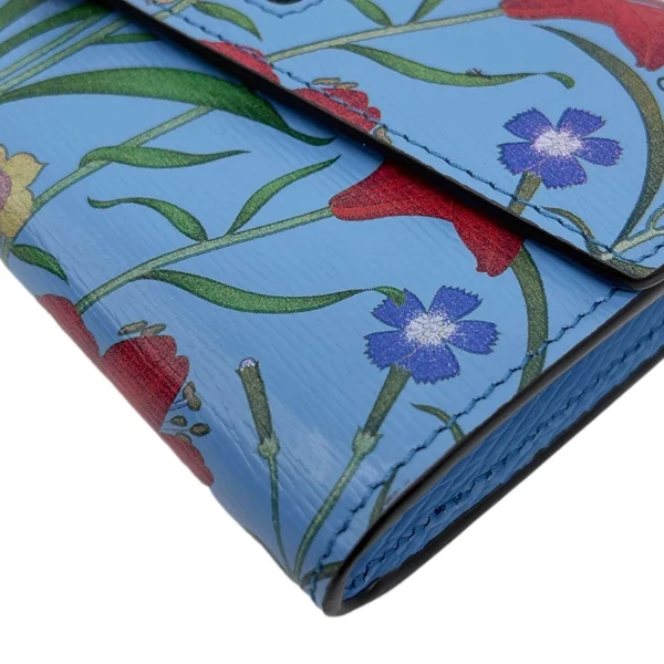 GUCCI Sylvie Continental Floral Print Leather Wallet Blue 476084
