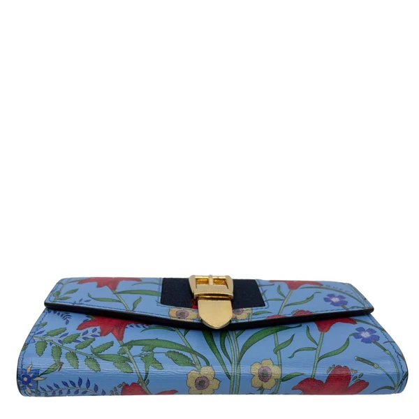 GUCCI Sylvie Continental Floral Print Leather Wallet Blue 476084
