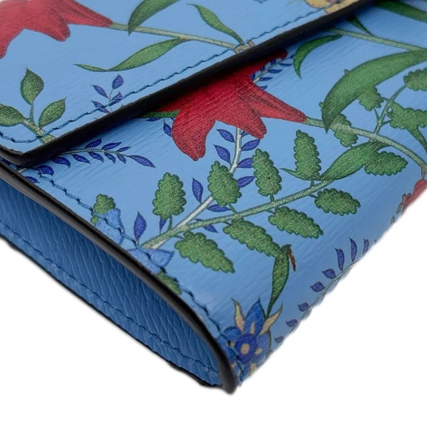 GUCCI Sylvie Continental Floral Print Leather Wallet Blue 476084
