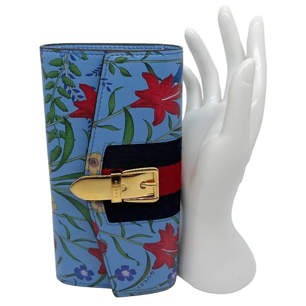 GUCCI Sylvie Continental Floral Print Leather Wallet Blue 476084