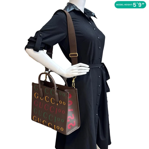 GUCCI 100 Small Textured Dollar Calfskin Leather Tote Bag Brown 680956