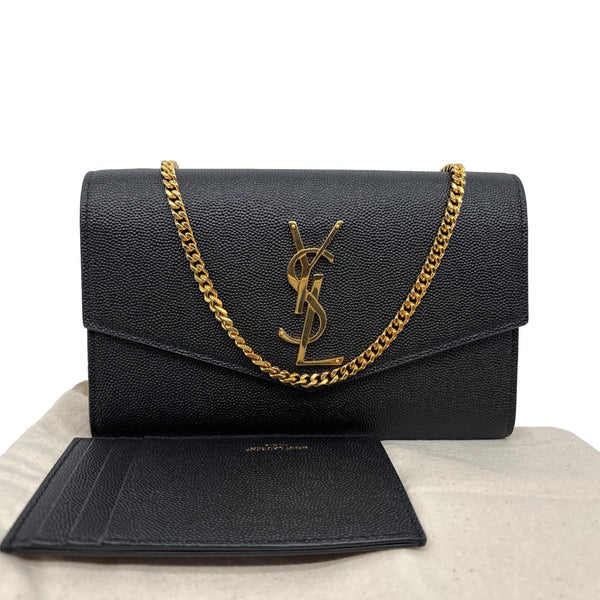 YVES SAINT LAURENT Uptown Grain De Poudre Embossed Leather Crossbody Chain Wallet Black