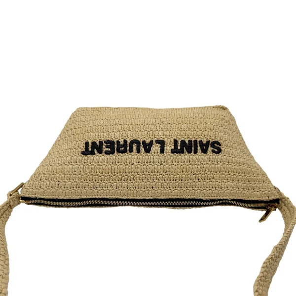 YVES SAINT LAURENT Tuc Logo Woven Raffia Shoulder Bag Cream