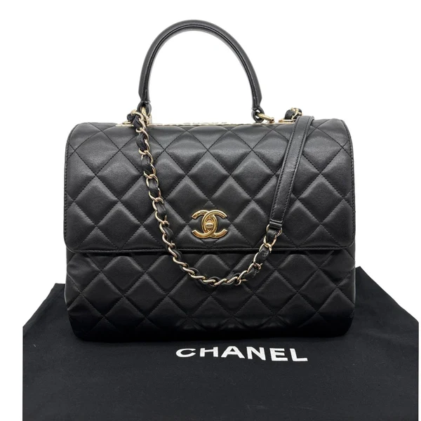 CHANEL Trendy CC Top Handle Flap Quilted Leather Shoulder Bag Black