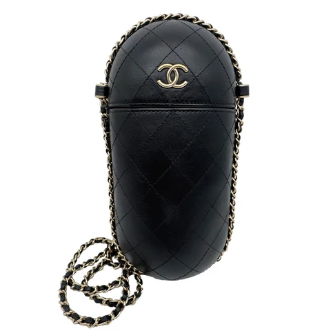 CHANEL Interlocking CC Logo Quilted Lambskin Leather Chain Around Phone Holder Black