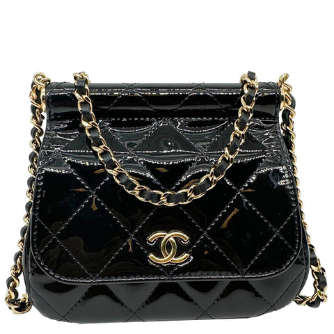 CHANEL Frame Clutch Flap With Chain Quilted Patent Leather Crossbody Bag Black