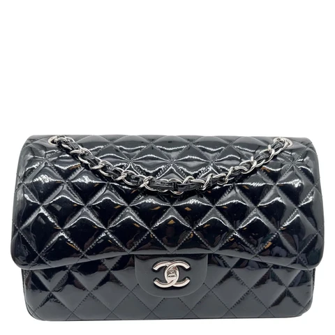 CHANEL Classic Double Flap Quilted Patent Leather Shoulder Bag Black