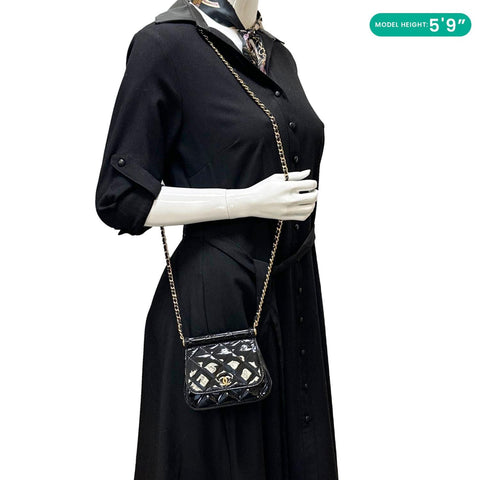 CHANEL Frame Clutch Flap With Chain Quilted Patent Leather Crossbody Bag Black