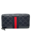 GUCCI Web Leather Zip Around Wallet Navy Blue 459138