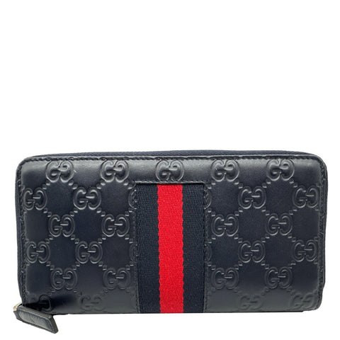GUCCI Web Leather Zip Around Wallet Navy Blue 459138