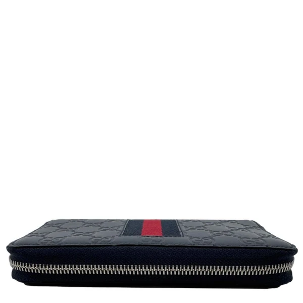 GUCCI Web Leather Zip Around Wallet Navy Blue 459138