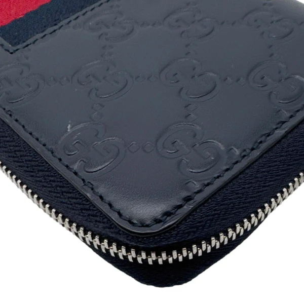 GUCCI Web Leather Zip Around Wallet Navy Blue 459138