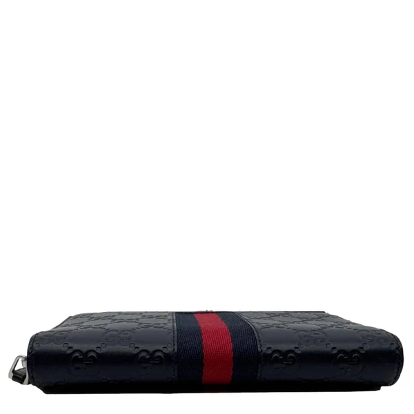 GUCCI Web Leather Zip Around Wallet Navy Blue 459138
